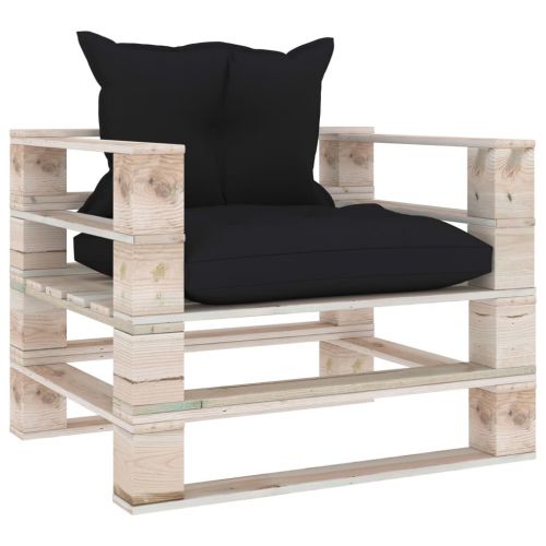 vidaXL Sofa ogrodowa z palet, z czarnymi poduszkami, drewno sosnowe