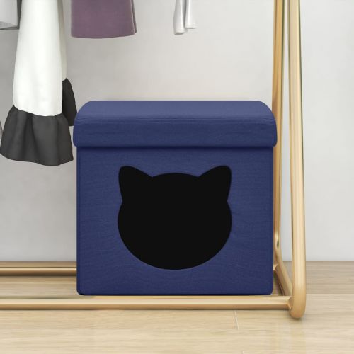 vidaXL Składany stołek ze schowkiem i kotem, niebieski, tkanina