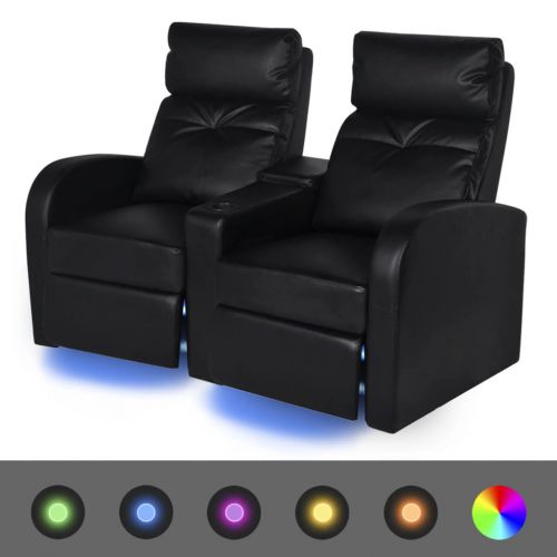 vidaXL Fotele kinowe 2 osobowe, czarna, sztuczna skóra z podświetleniem LED