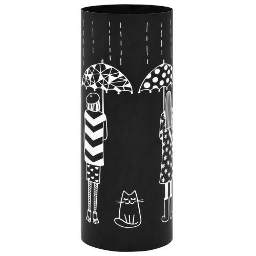 vidaXL Stojak na parasole, wzór z kobietami i kotem, stalowy, czarny