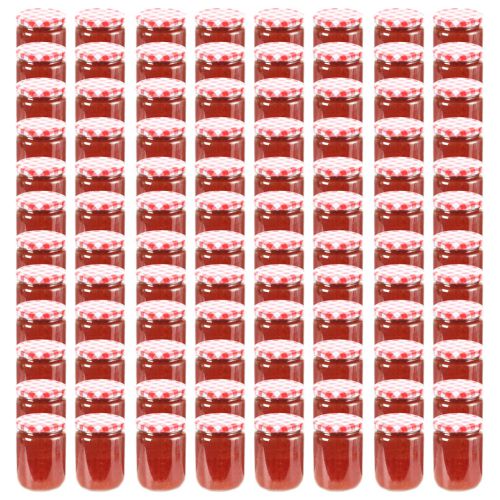 vidaXL Szklane słoiki na dżem, biało-czerwone pokrywki, 96 szt, 230 ml