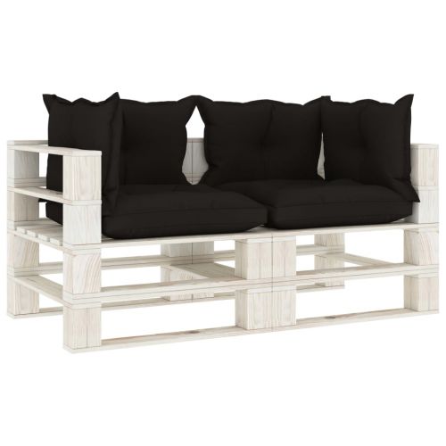 vidaXL Ogrodowa sofa 2-osobowa z palet, z czarnymi poduszkami, drewno