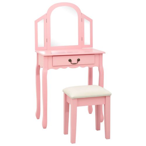 vidaXL Toaletka ze stołkiem, różowa, 65x36x128cm, drewno paulowni, MDF