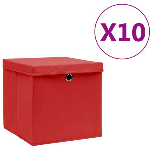 vidaXL Pudełka z pokrywami, 10 szt., 28x28x28 cm, czerwone