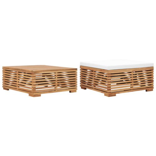vidaXL Stolik ogrodowy z podnóżkiem i kremową poduszką, drewno tekowe