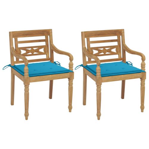 vidaXL Krzesła Batavia z niebieskimi poduszkami, 2 szt., drewno tekowe