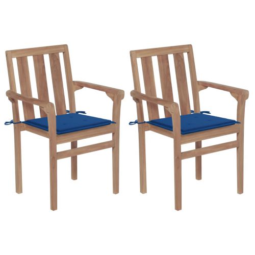 vidaXL Krzesła ogrodowe, 2 szt., kobaltowe poduszki, drewno tekowe