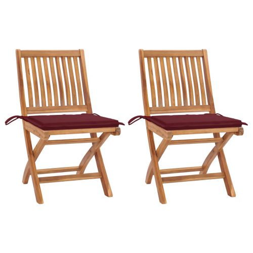 vidaXL Krzesła ogrodowe, 2 szt, poduszki w kolorze wina, drewno tekowe