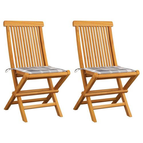 vidaXL Krzesła ogrodowe z poduszkami w szarą kratę, 2 szt., tekowe