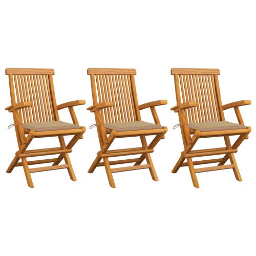 vidaXL Krzesła ogrodowe, beżowe poduszki, 3 szt., lite drewno tekowe