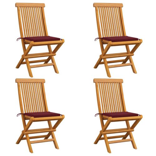vidaXL Krzesła ogrodowe, czerwone poduszki, 4 szt., drewno tekowe