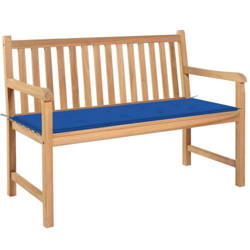 vidaXL Ławka ogrodowa z niebieską poduszką, 120 cm, drewno tekowe