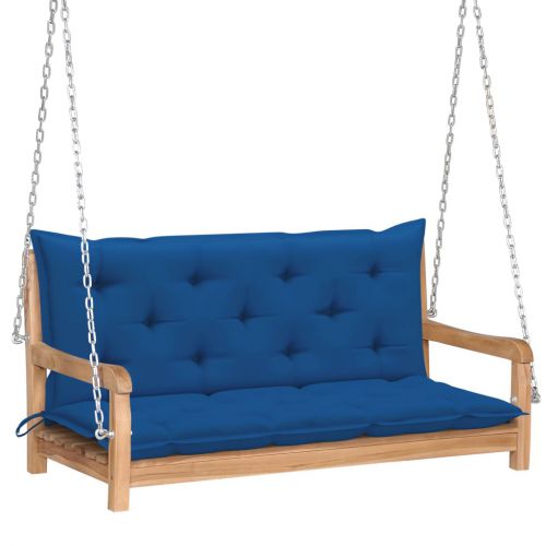 vidaXL Huśtawka ogrodowa z niebieską poduszką, 120 cm, drewno tekowe
