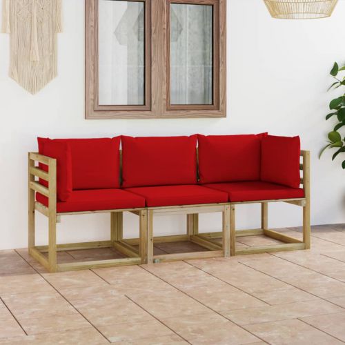 vidaXL Ogrodowa sofa 3-os. z czerwonymi poduszkami