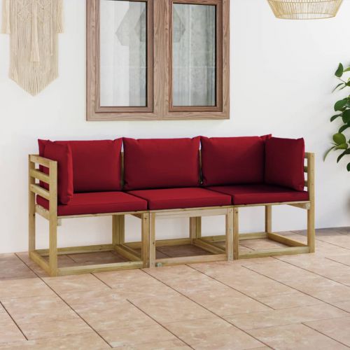 vidaXL Ogrodowa sofa 3-os. z poduszkami w kolorze winnej czerwieni