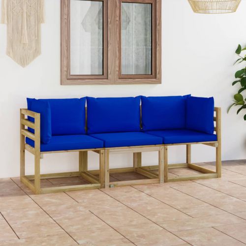 vidaXL Ogrodowa sofa 3-os. z niebieskimi poduszkami