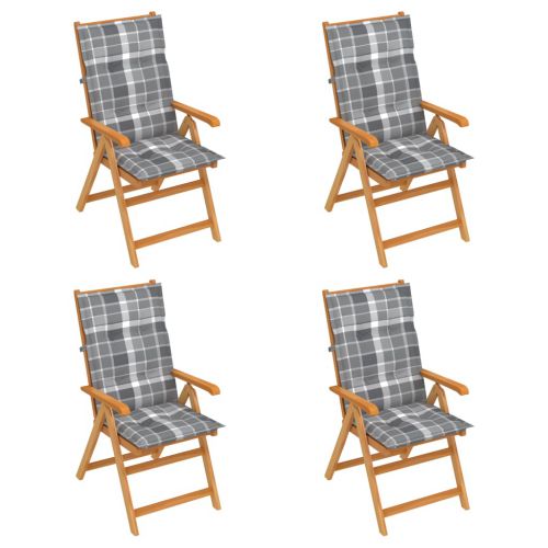 vidaXL Krzesła ogrodowe z poduszkami w szarą kratkę, 4 szt., tekowe