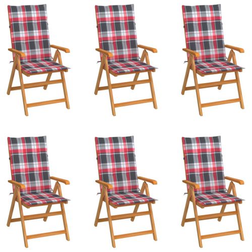 vidaXL Krzesła ogrodowe, 6 szt., z poduszkami w czerwoną kratkę, tek
