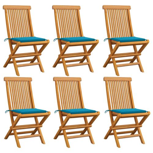 vidaXL Krzesła ogrodowe, niebieskie poduszki, 6 szt., drewno tekowe