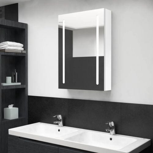 vidaXL Szafka łazienkowa z lustrem i LED, lśniąca biel, 50x13x70 cm
