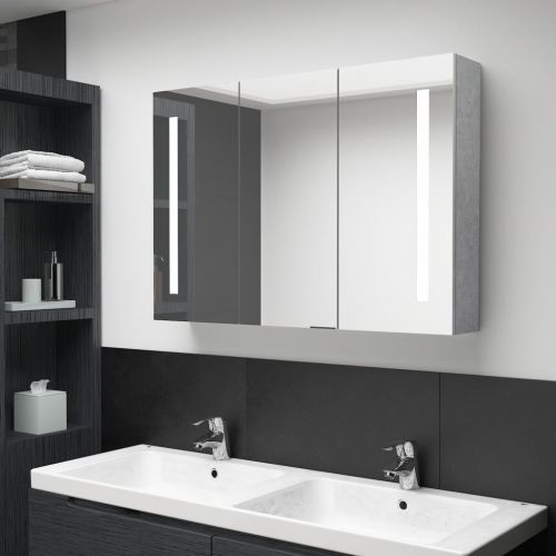 vidaXL Szafka łazienkowa z lustrem i LED, 89x14x62 cm, szarość betonu