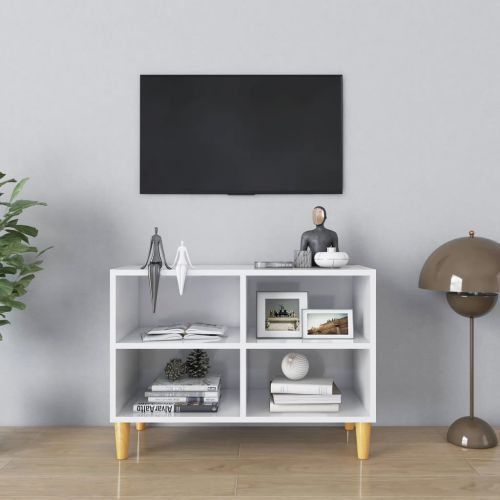vidaXL Szafka TV z drewnianymi nóżkami, biała, połysk, 69,5x30x50 cm