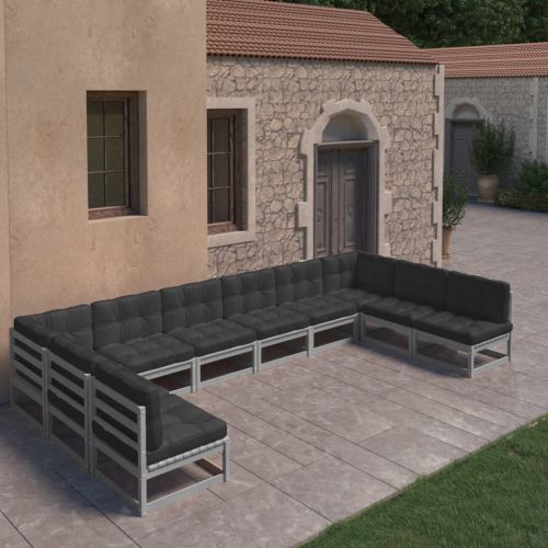 vidaXL10-cz. zestaw wypoczynkowy do ogrodu, z poduszkami, szary, sosna