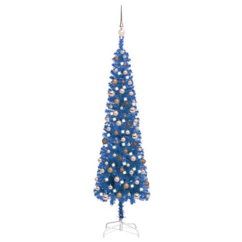 vidaXL Smukła choinka z lampkami LED i bombkami, niebieska, 180 cm
