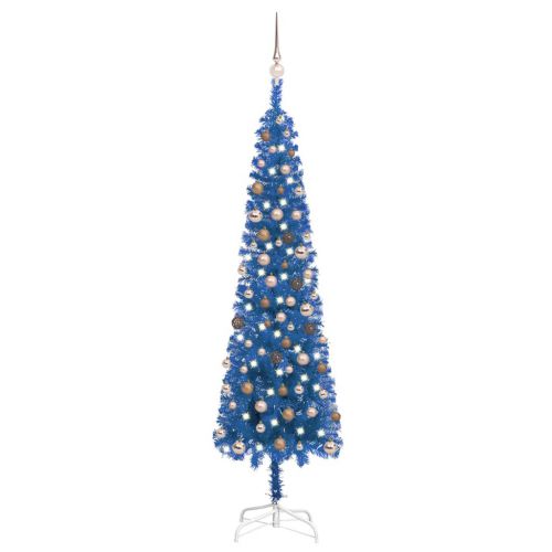 vidaXL Smukła choinka z lampkami LED i bombkami, niebieska, 210 cm
