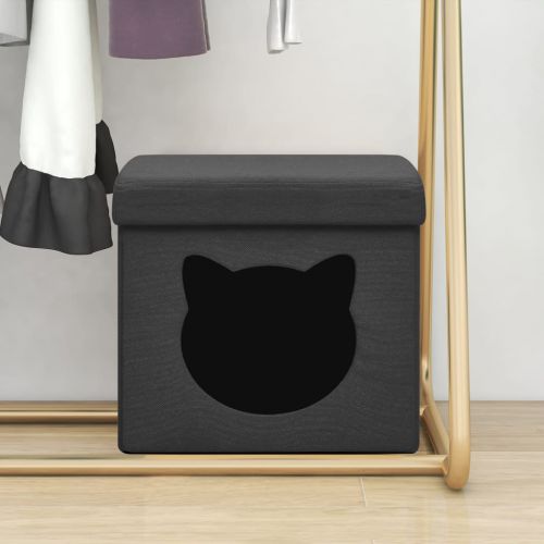 vidaXL Składany stołek ze schowkiem i kotem, czarny, tkanina