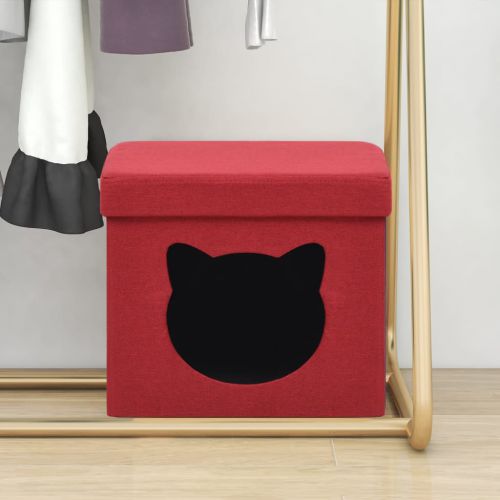 vidaXL Składany stołek ze schowkiem i kotem, winna czerwień, tkanina