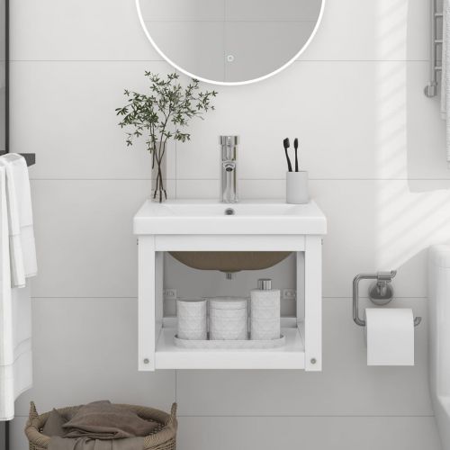 vidaXL Stelaż łazienkowy z wbudowaną umywalką, biały, żelazny