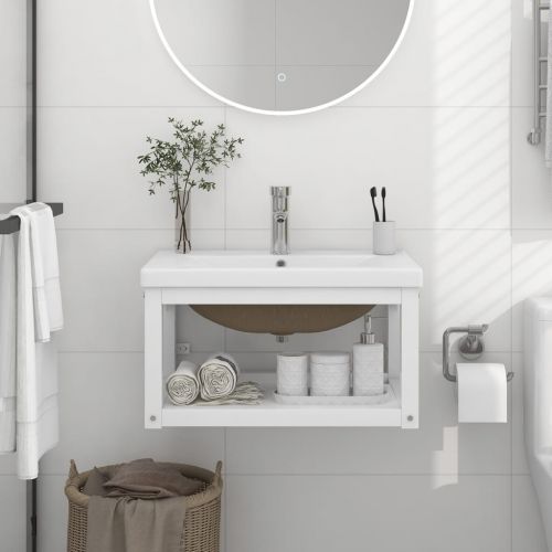 vidaXL Stelaż łazienkowy z wbudowaną umywalką, biały, żelazo