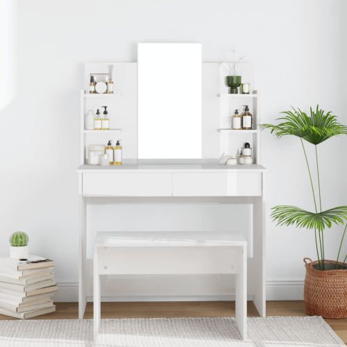vidaXL Toaletka z lustrem, biała, wysoki połysk, 96x40x142 cm