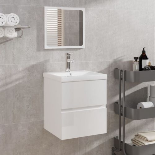 vidaXL Szafka do łazienki z umywalką i lustrem, biała, wysoki połysk