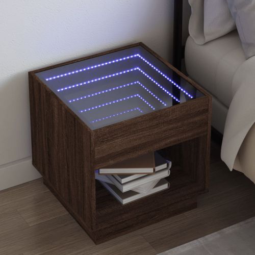 vidaXL Stolik nocny z LED Infinity, brązowy dąb, 50x50x50 cm